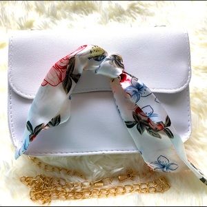 White Cross Body w/small Floral Decorative Scarf NWOT
